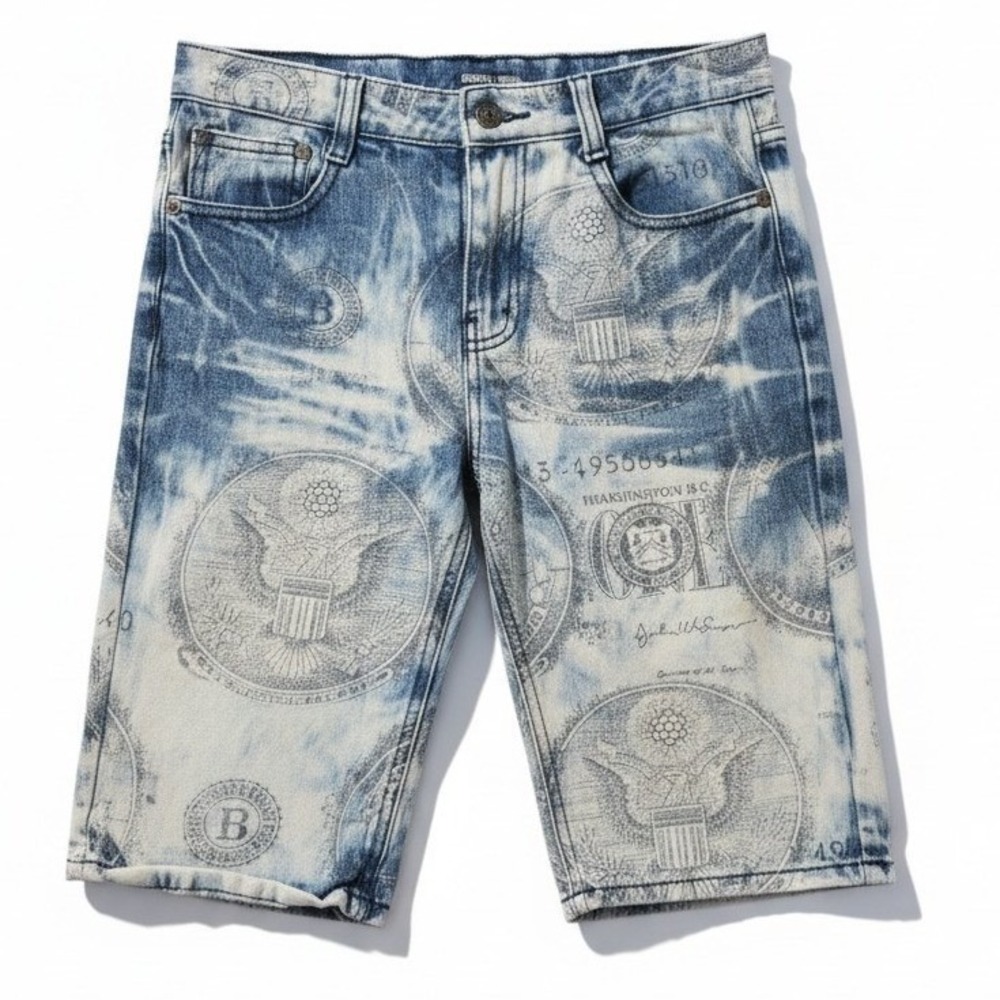 GS115 Kids Acid Wash Money Print Denim Shorts Blue Size 12 US Currency Graphic